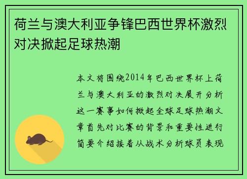 荷兰与澳大利亚争锋巴西世界杯激烈对决掀起足球热潮